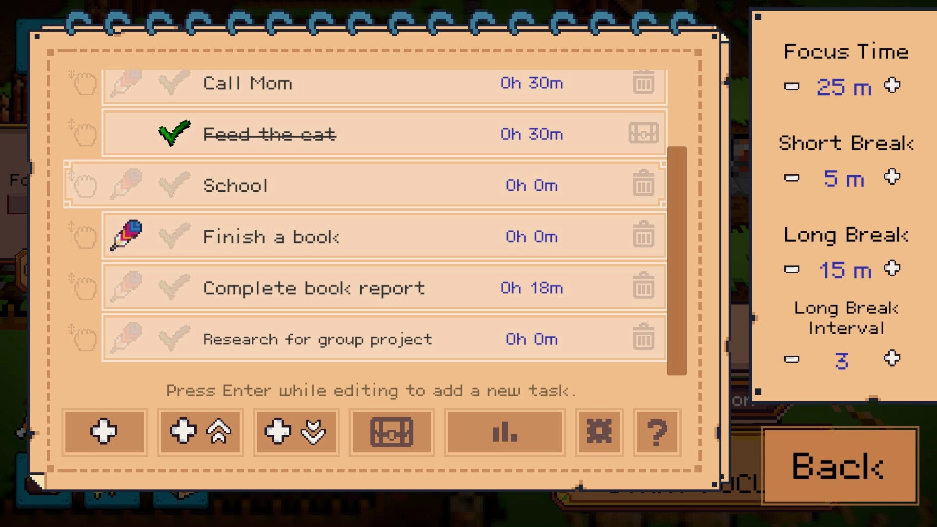 Deadline Savior: Task list menu with chores and timers beside Pomodoro focus and break settings panel.