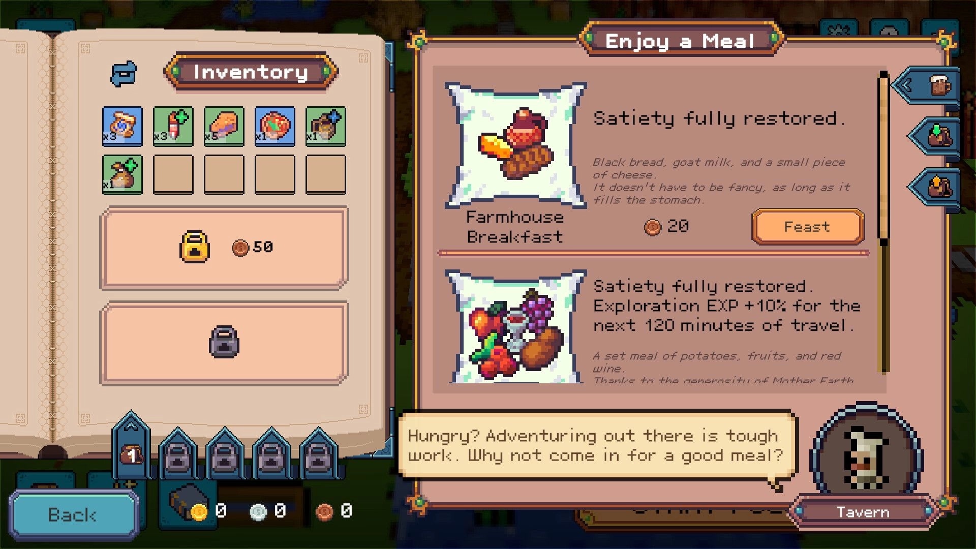 Deadline Savior: Inventory panel and tavern meal menu with Feast button and satiety restored text.