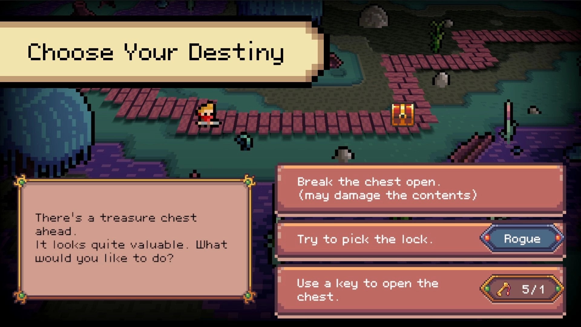 Deadline Savior: Treasure chest choice menu with break, pick lock, or key options on pixel path.