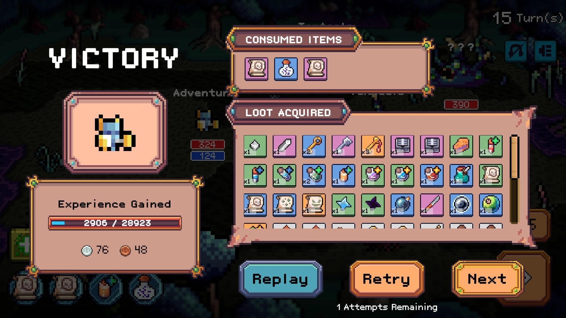 Deadline Savior: Victory results screen with loot grid, consumed items, XP bar, and next buttons over map.