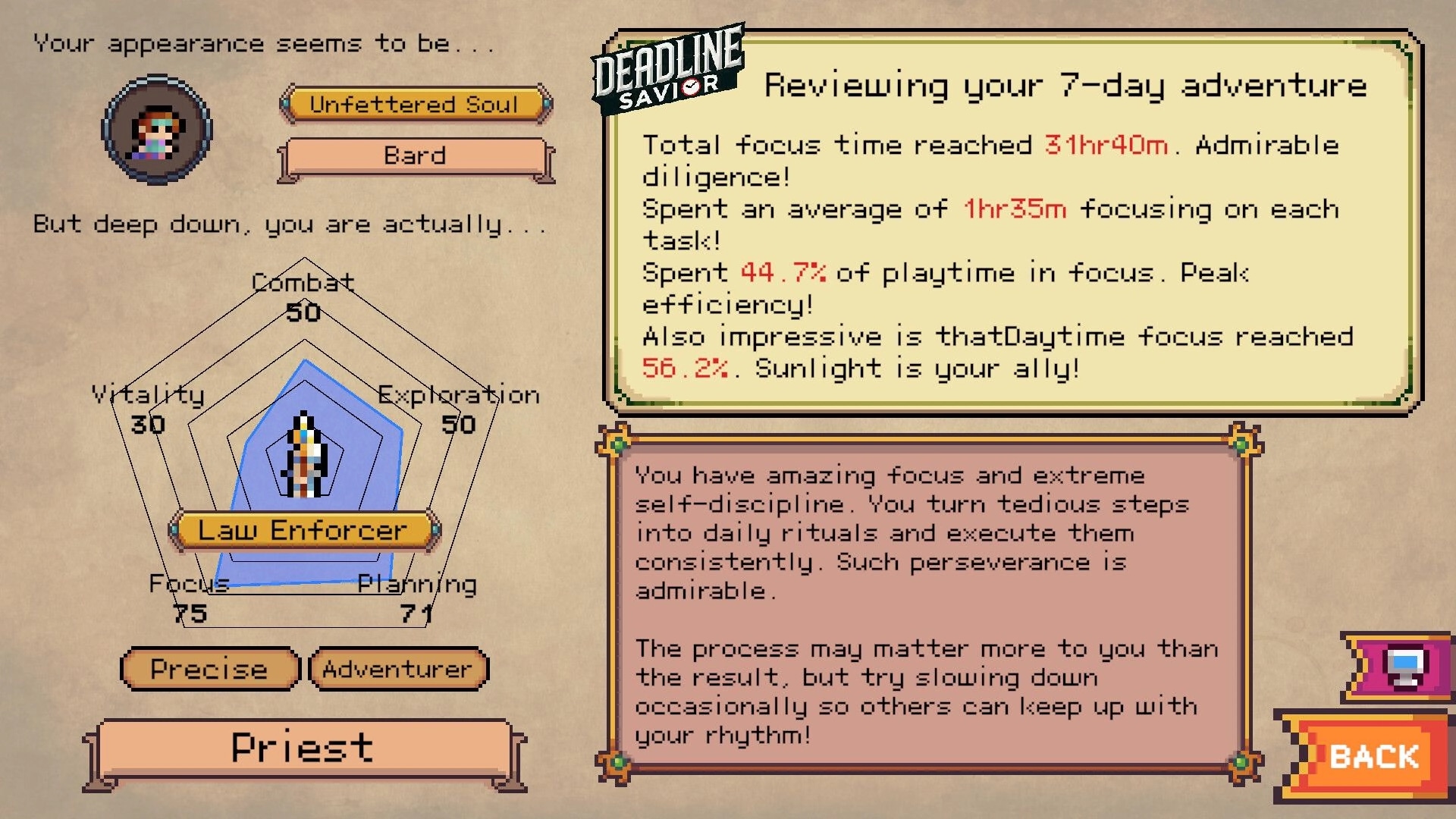 Deadline Savior: 7-day focus review screen with radar stats chart, class tags, and summary text panels.