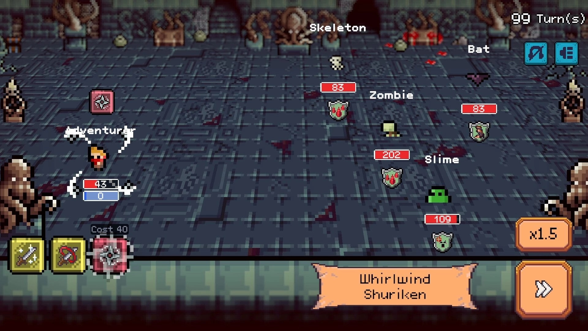 Deadline Savior: Adventurer targets enemies on a tiled dungeon grid with Whirlwind Shuriken UI active.