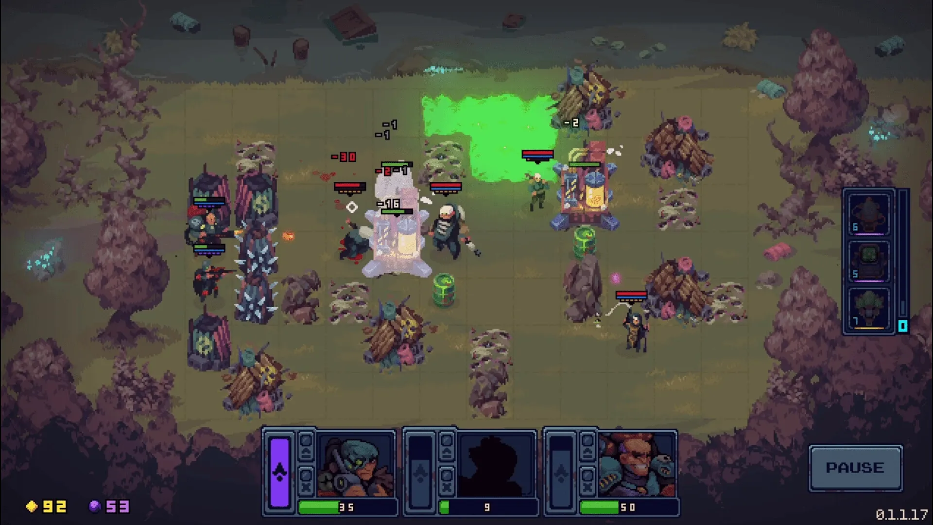 Deadlock Station: Tactical combat with squad versus aliens in a forested area, UI showing health bars
