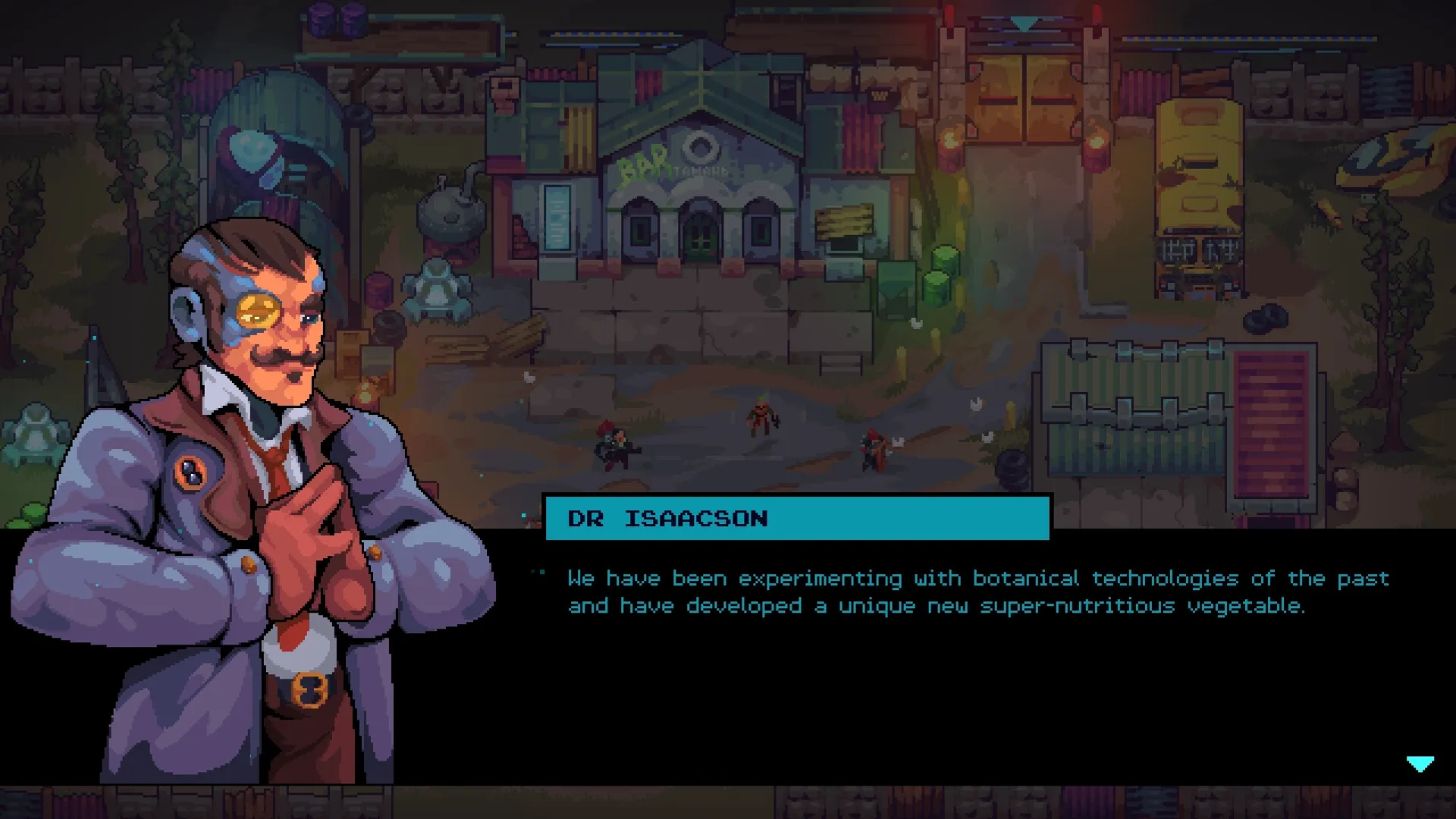 Deadlock Station: Dr. Isaacson dialogue with village scene and squad members in post-apocalyptic setting