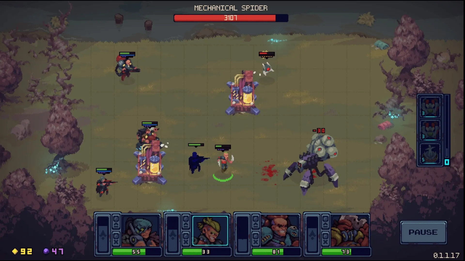 Deadlock Station: Tactical combat with squad battling Mechanical Spider in forested grid environment