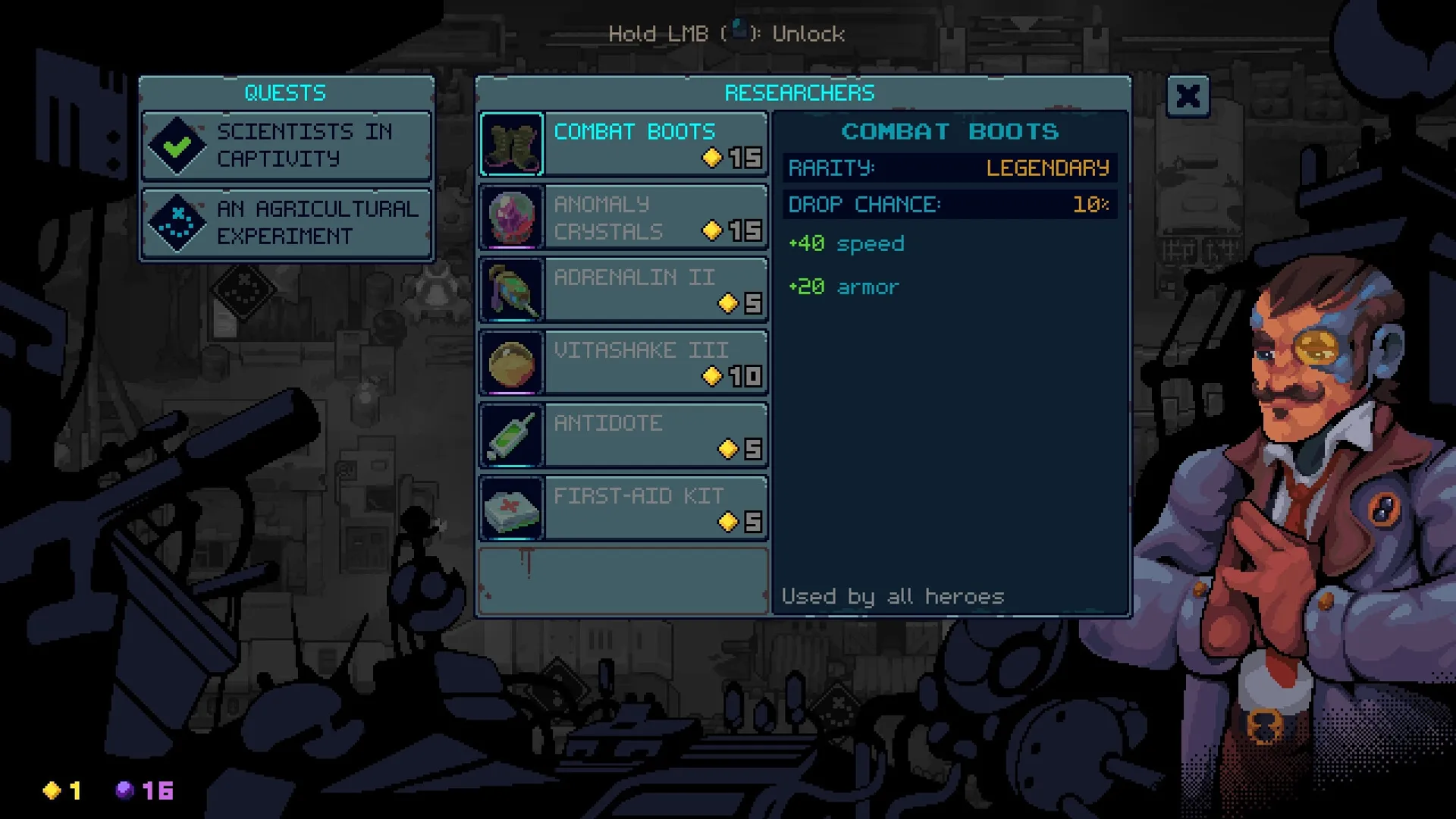 Deadlock Station: Quest menu with researchers list and character with monocle in dimly lit control room