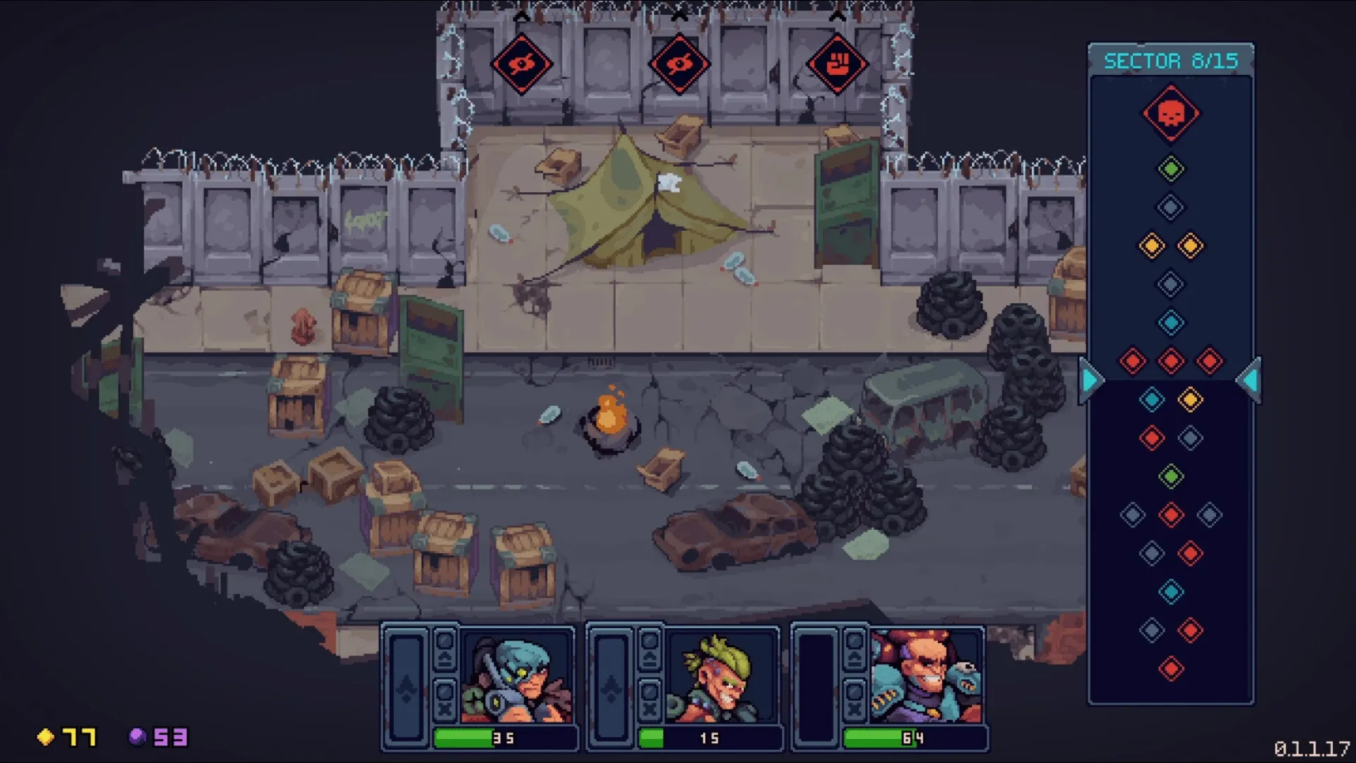 Deadlock Station: Tactical squad interface in a post-apocalyptic setting with map and character icons