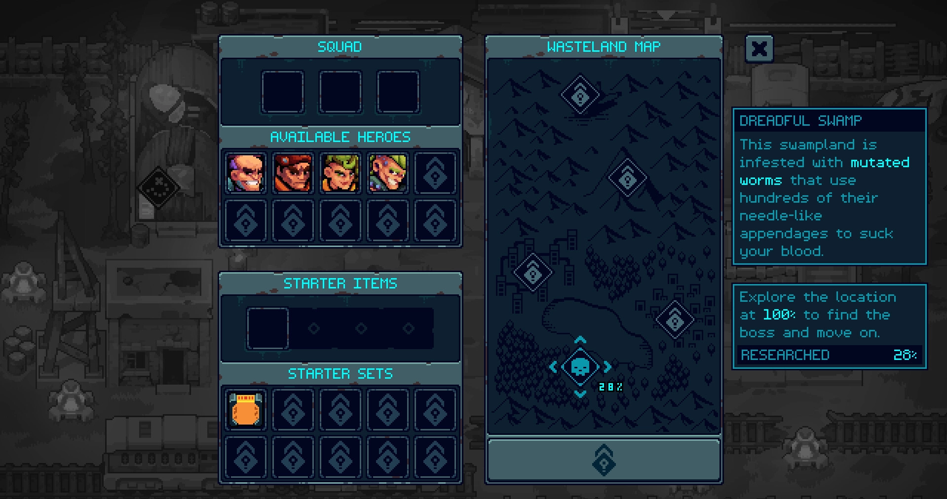 Deadlock Station: Squad selection with four heroes and wasteland map showing Dreadful Swamp details.