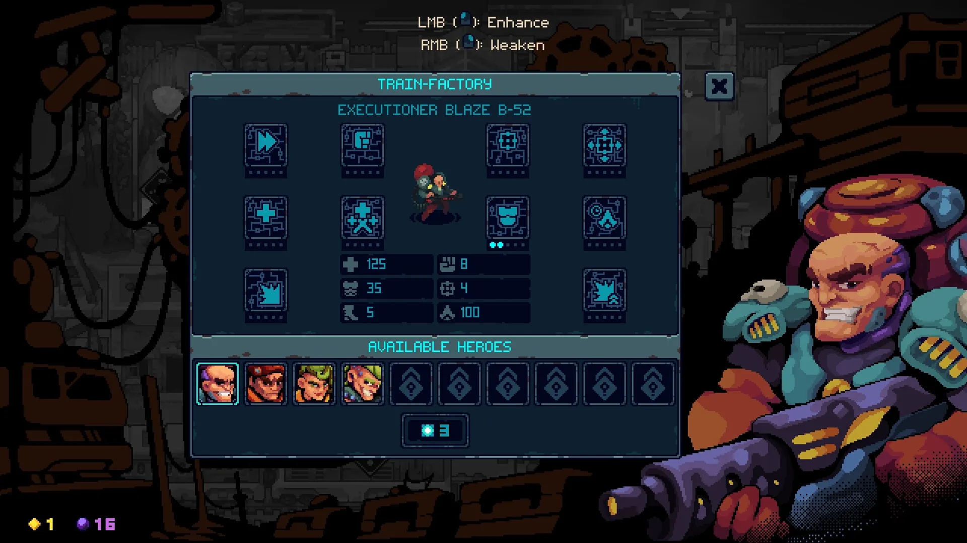 Deadlock Station: Hero selection screen showing Executioner Blaze B-52 with stats and abilities displayed