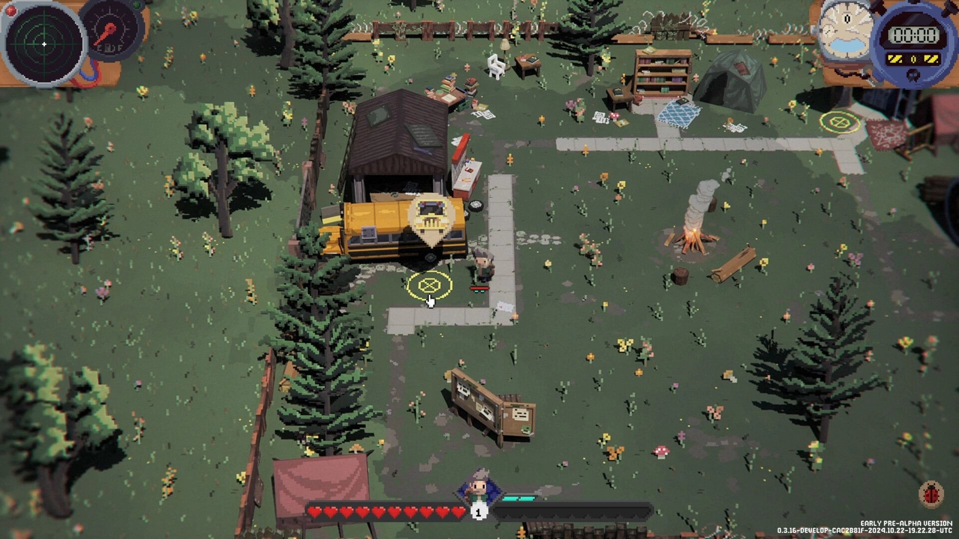 Deadly Days: Character near van and campfire in forest environment with UI elements and radar visible