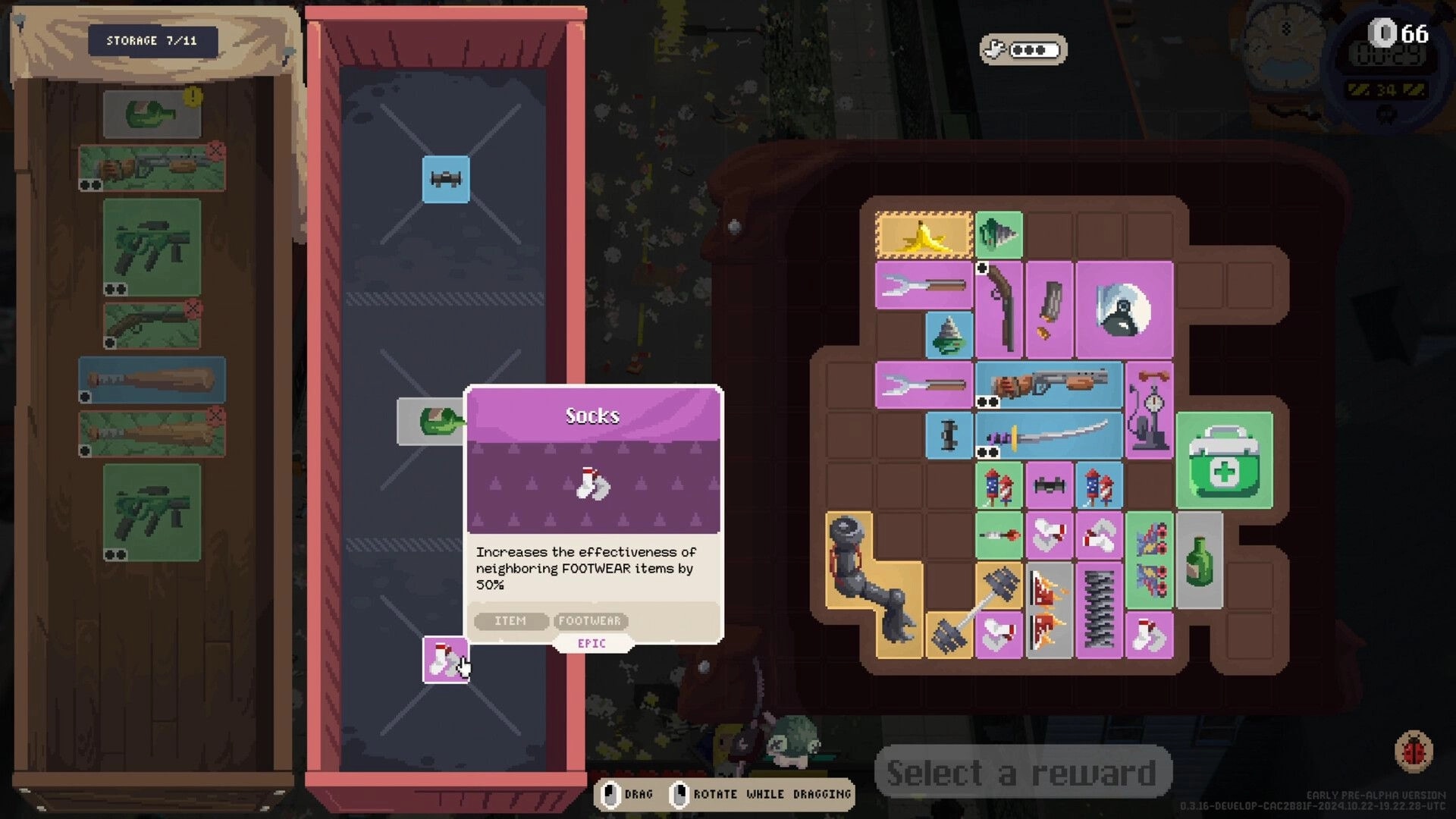 Deadly Days: Inventory management screen featuring weapons, items, and a "Socks" power-up in use.