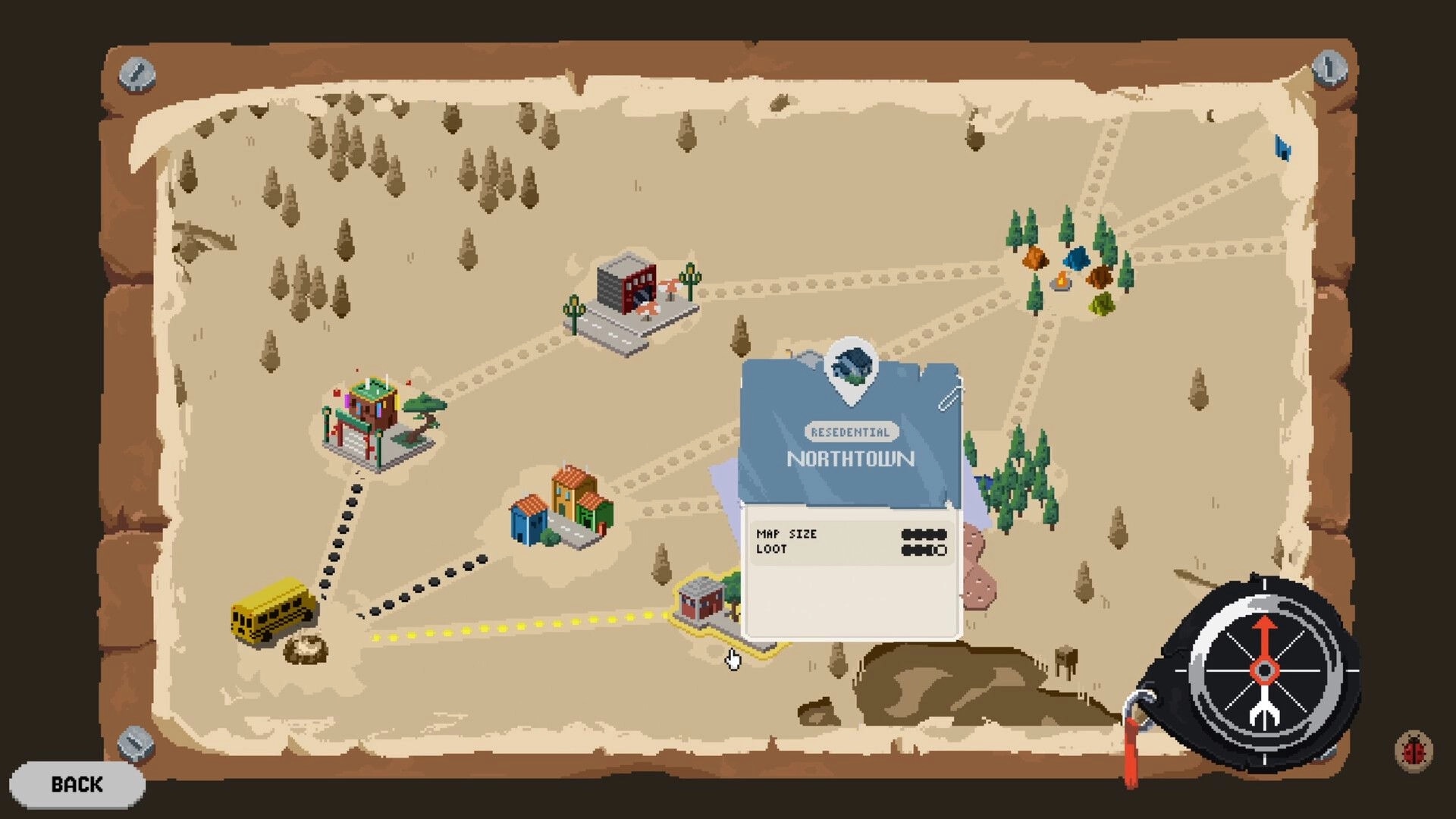 Deadly Days: Overworld map with location Northtown highlighted, showing map size and loot details