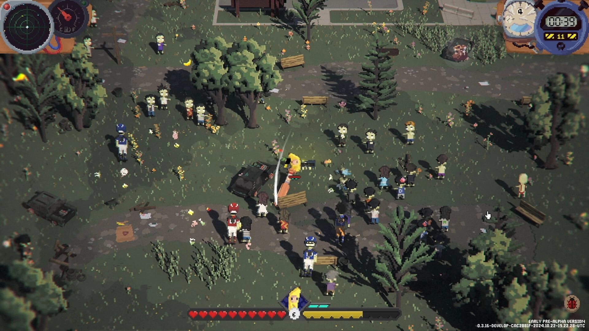 Deadly Days: Survivors battle zombies in a grassy park with trees, benches, and a visible health bar.