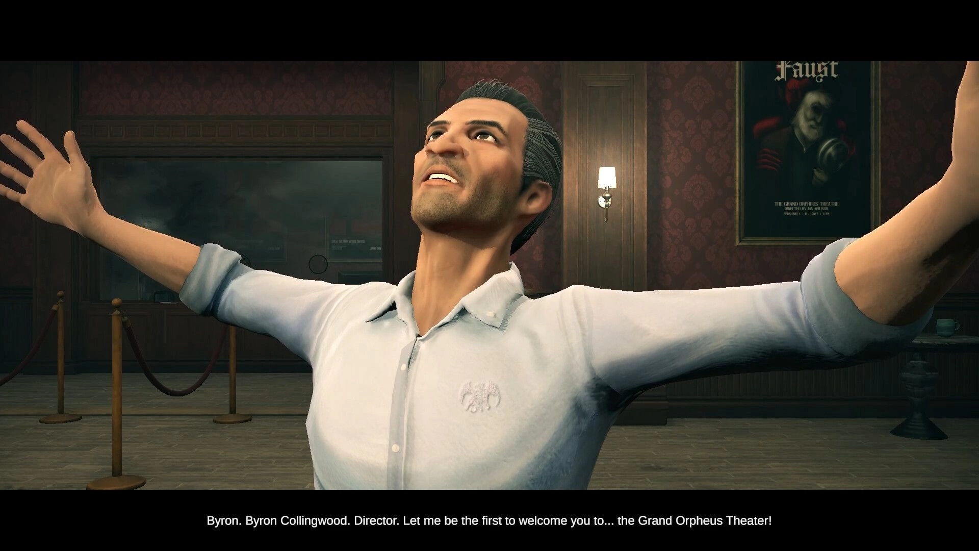 Deadly Rehearsal: Byron Collingwood welcomes you with open arms in the ornate theater lobby.