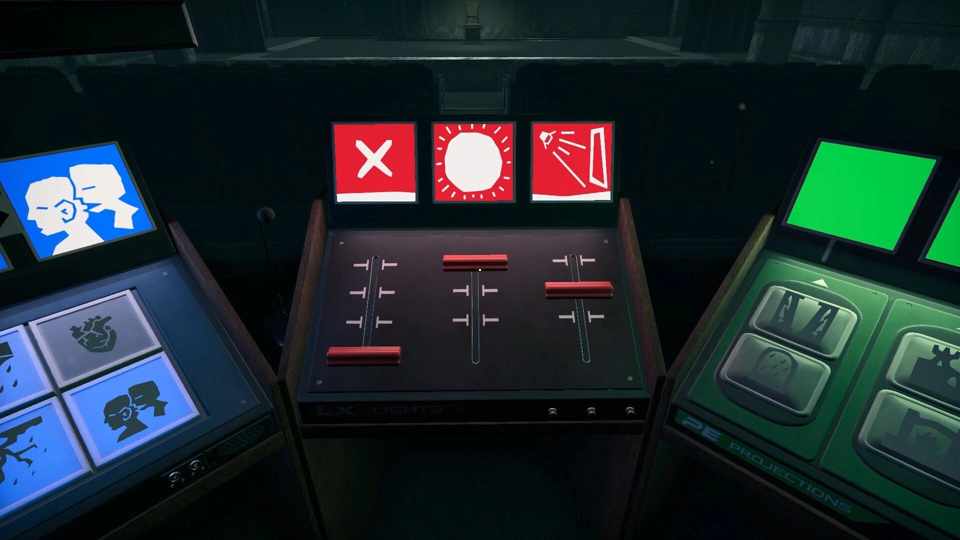 Deadly Rehearsal: Control panel with lighting and sound indicators in a dimly lit theater setting