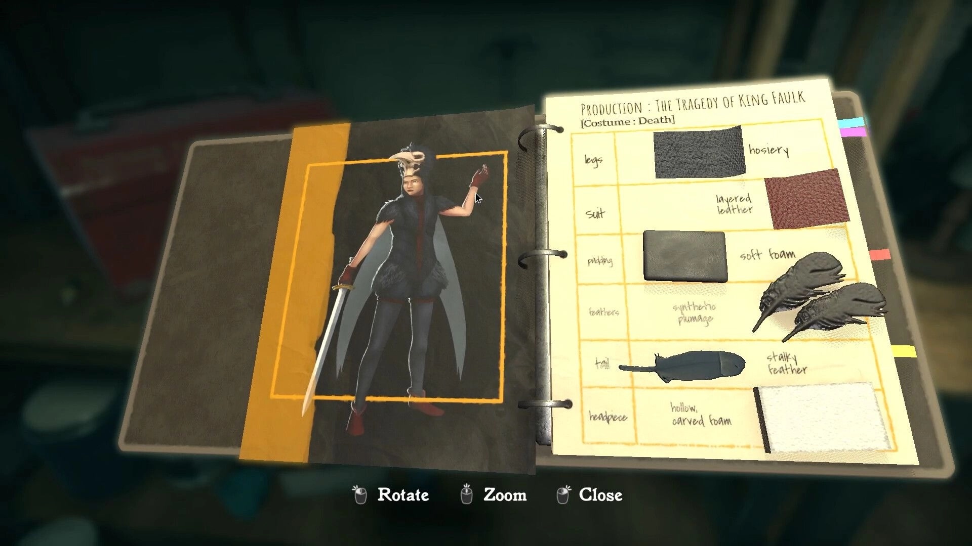 Deadly Rehearsal: Costume design journal with fabric swatches and character sketch on a cluttered desk