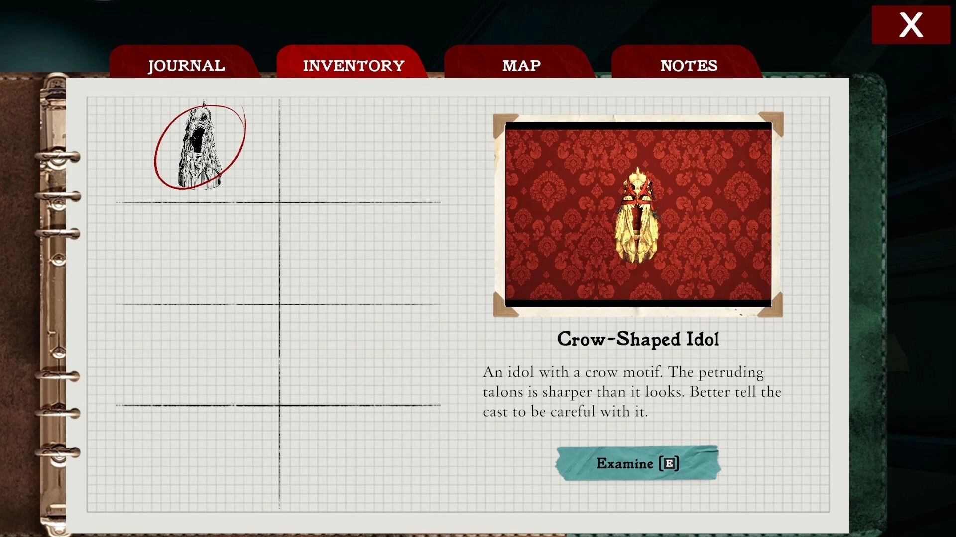 Deadly Rehearsal: Notes section open with sketch of cloaked figure and crow-shaped idol description