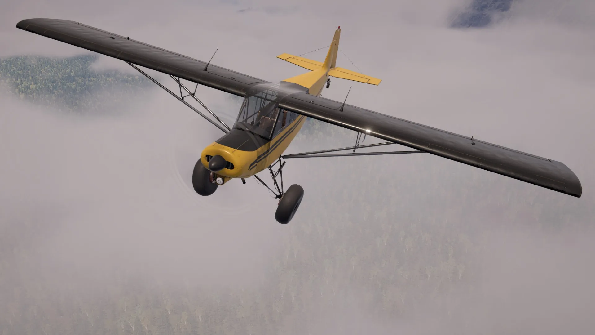 Deadstick: Yellow bush plane flying through dense fog over a forested landscape
