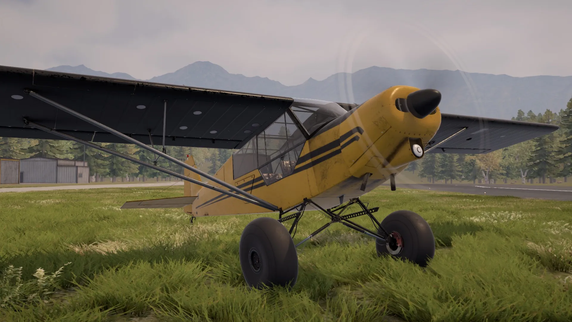 Deadstick: Yellow bush plane on grassy airstrip surrounded by mountains and forested landscape