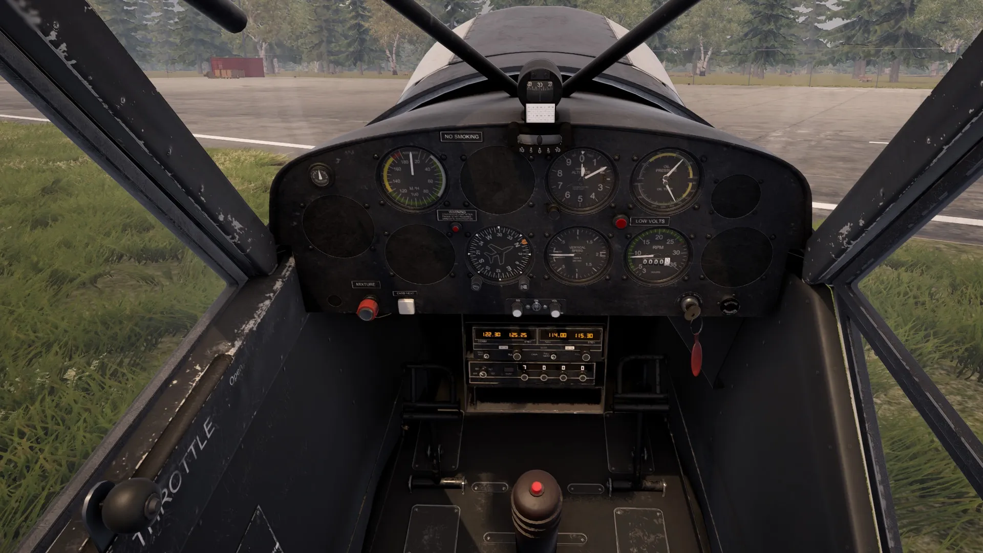 Deadstick: Cockpit interior with detailed instrument panel and scenic runway view outside