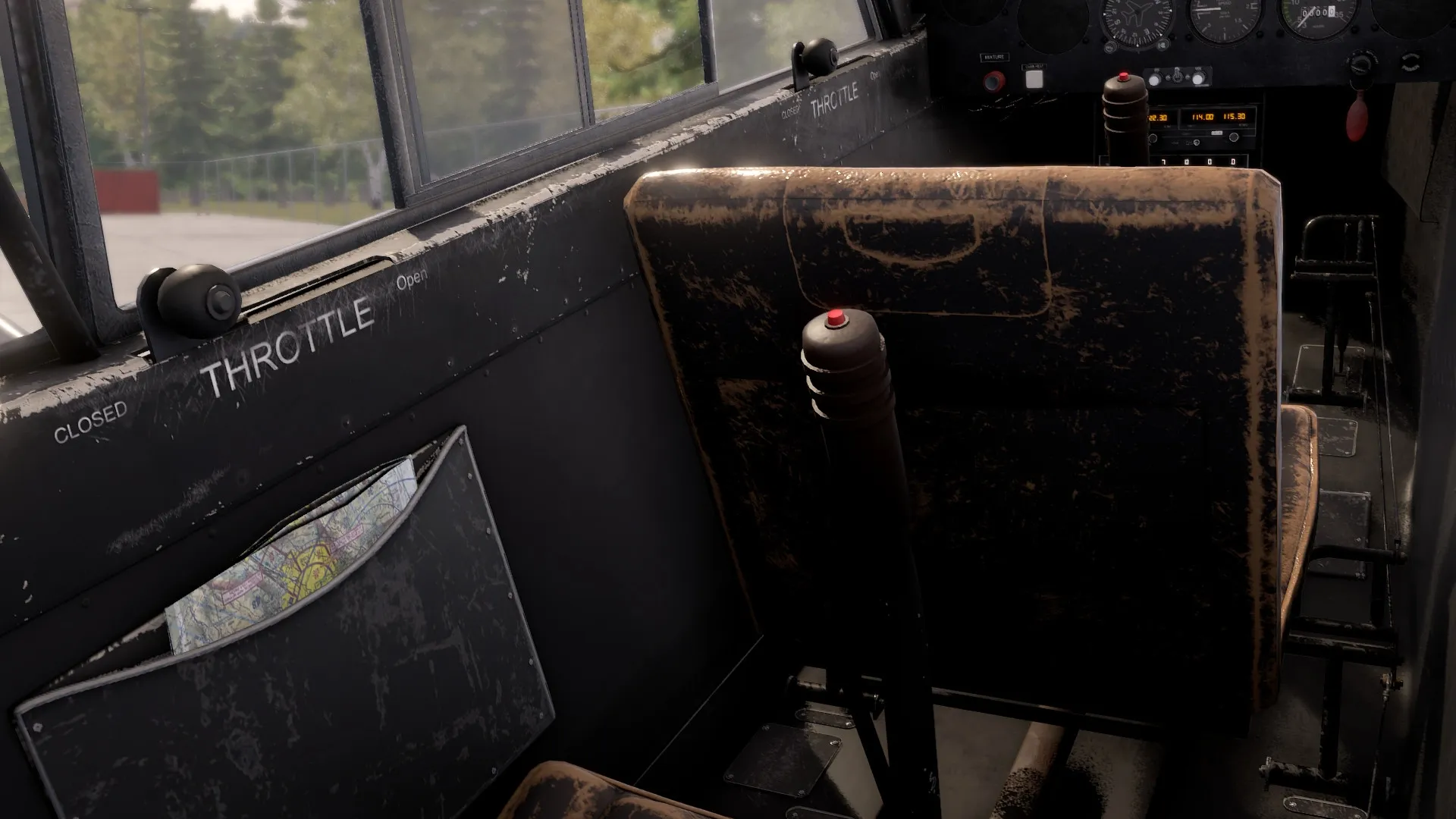 Deadstick: Cockpit interior with worn seats, throttle control, and a map in a side pocket.