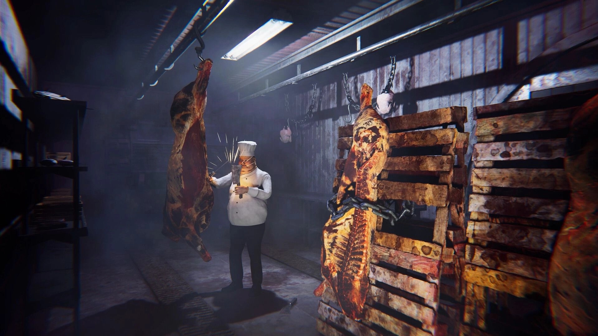 Deaduction: Chef character examining hanging meat in a dimly lit industrial kitchen setting