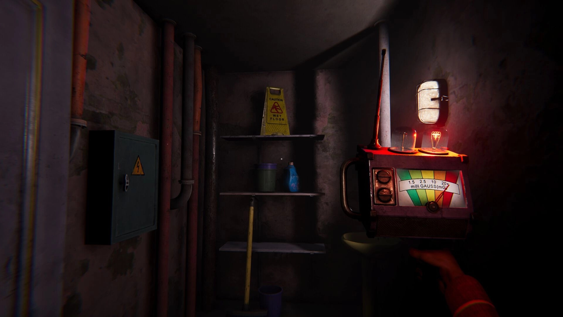 Deaduction: Player holding EMF reader in dimly lit utility room with shelves and a "Wet Floor" sign