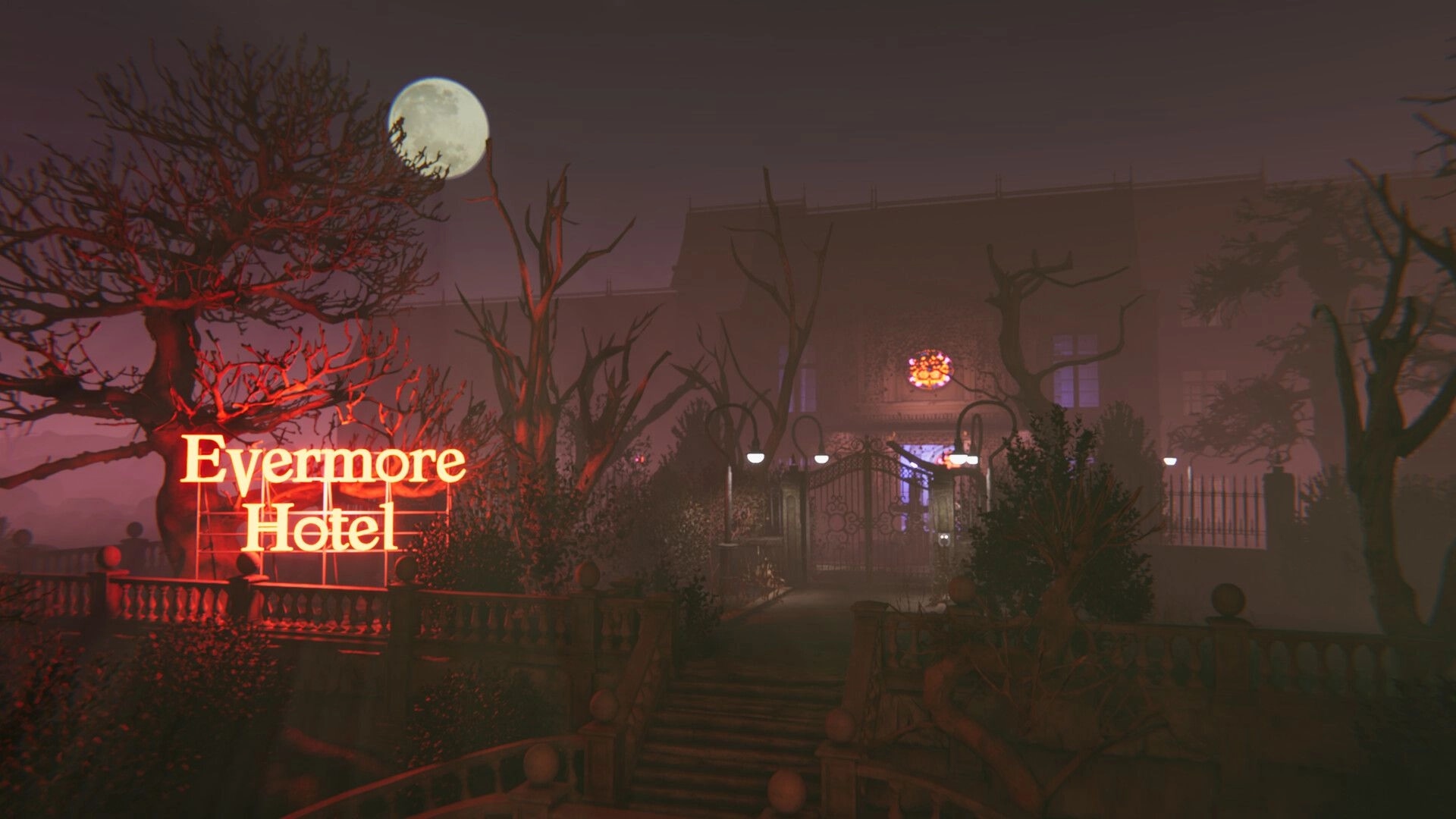 Deaduction: Eerie entrance of Evermore Hotel with glowing red sign under a full moon sky