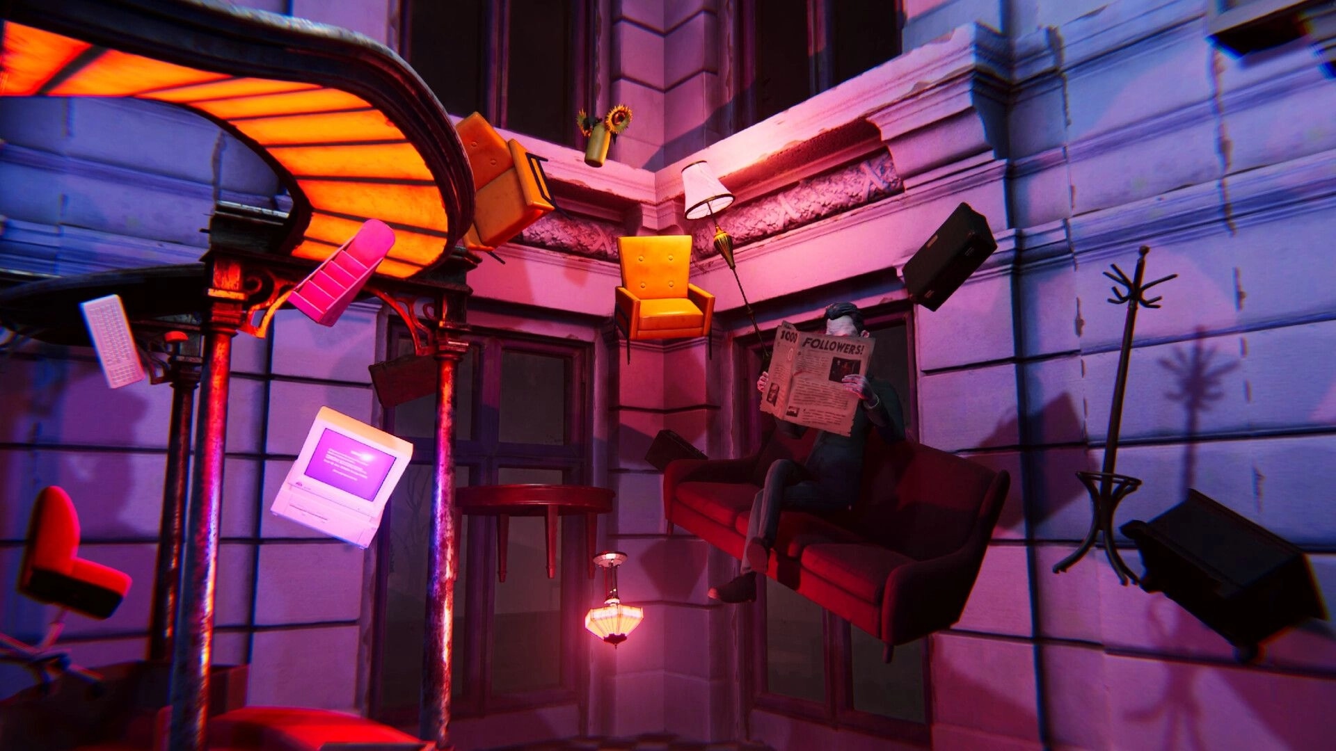 Deaduction: Floating furniture and a character reading a newspaper in a dimly lit, eerie hotel lobby.