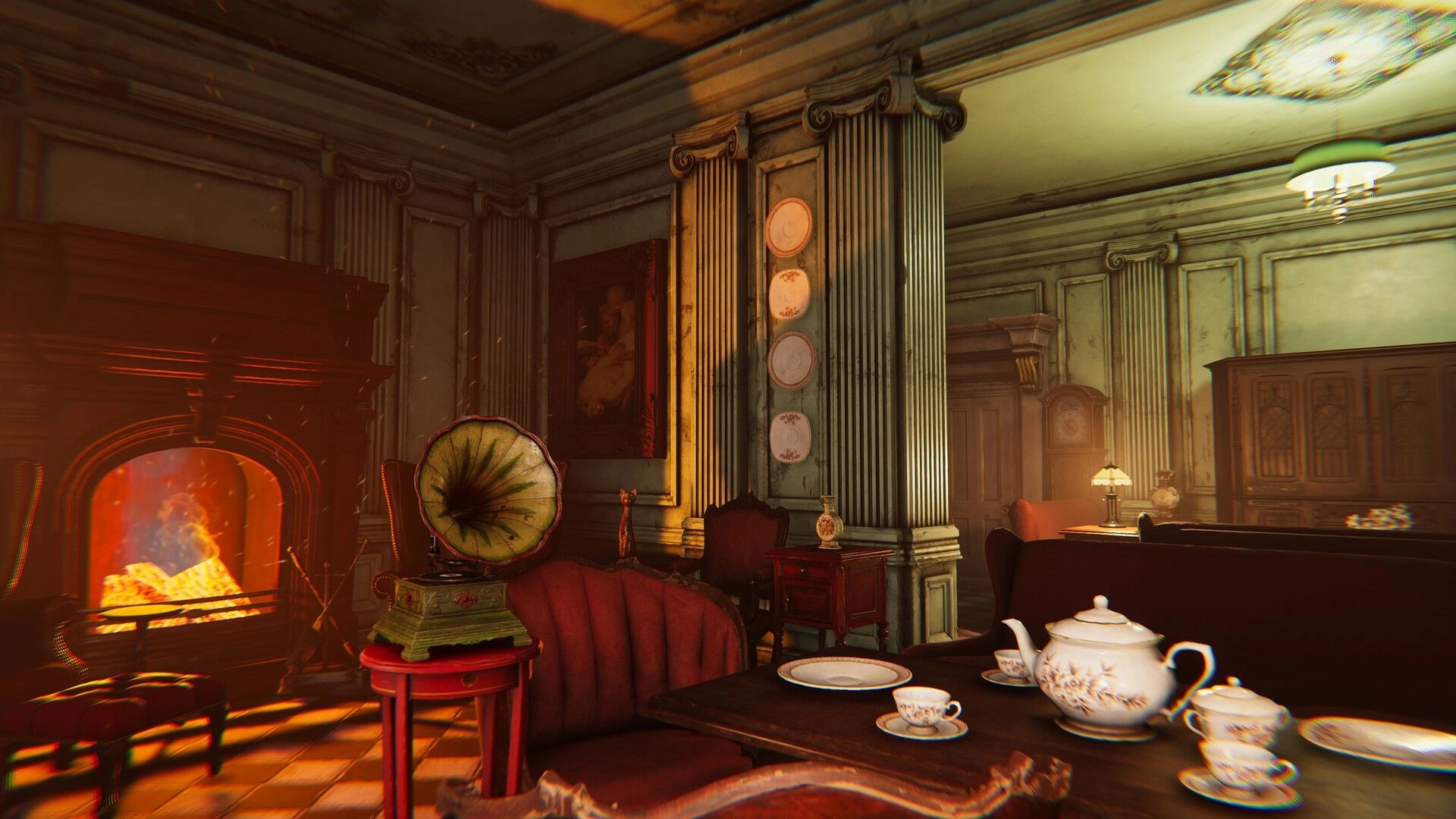 Deaduction: Cozy hotel lounge with roaring fireplace, gramophone, and tea set on ornate wooden table