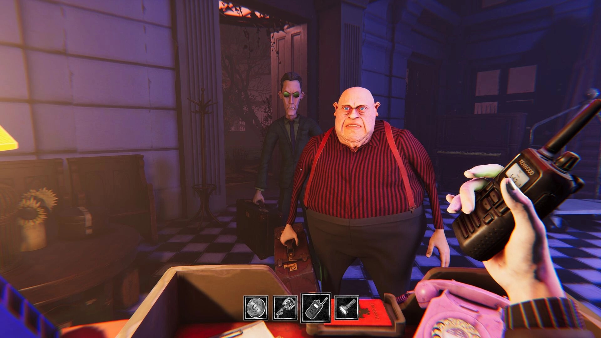 Deaduction: Two suspicious characters approach desk as player holds radio in haunted hotel lobby.