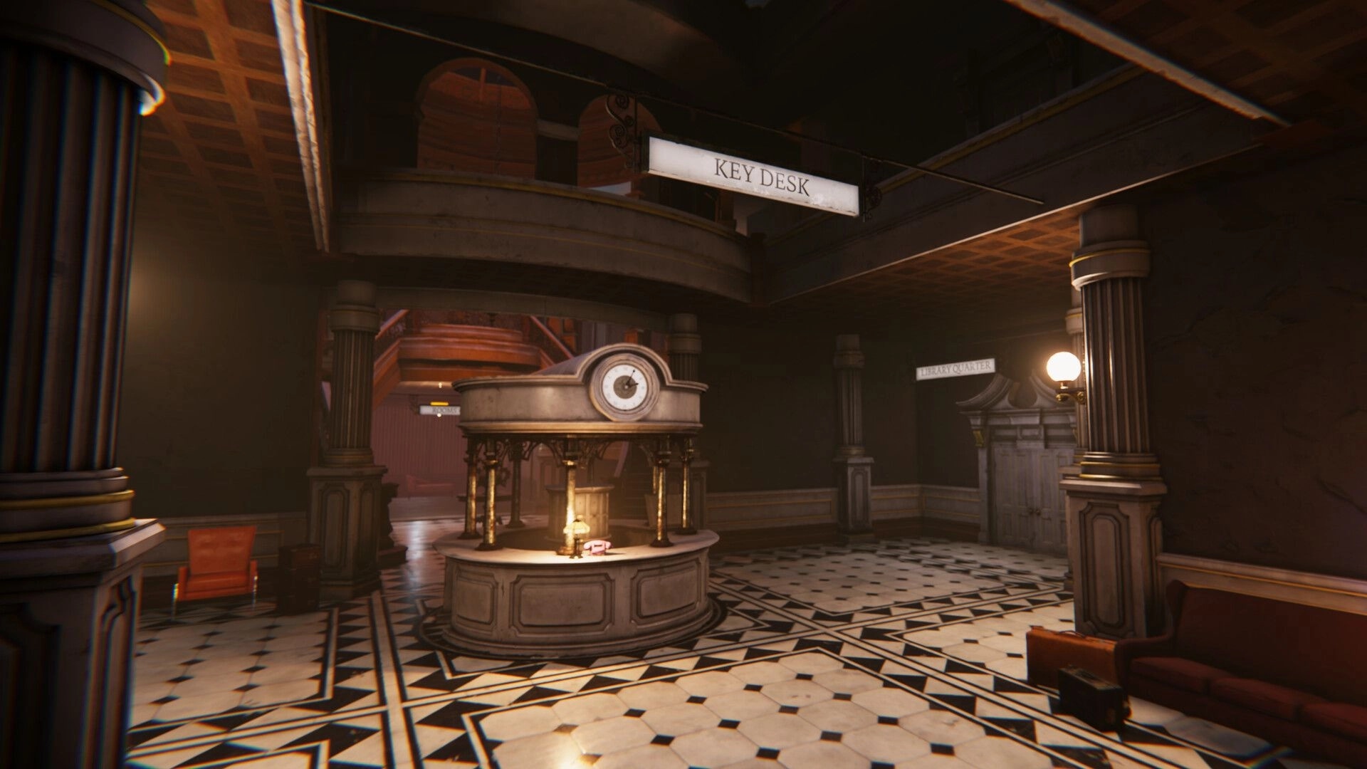 Deaduction: Key desk in an ornate hotel lobby with vintage decor and dim lighting for eerie ambiance