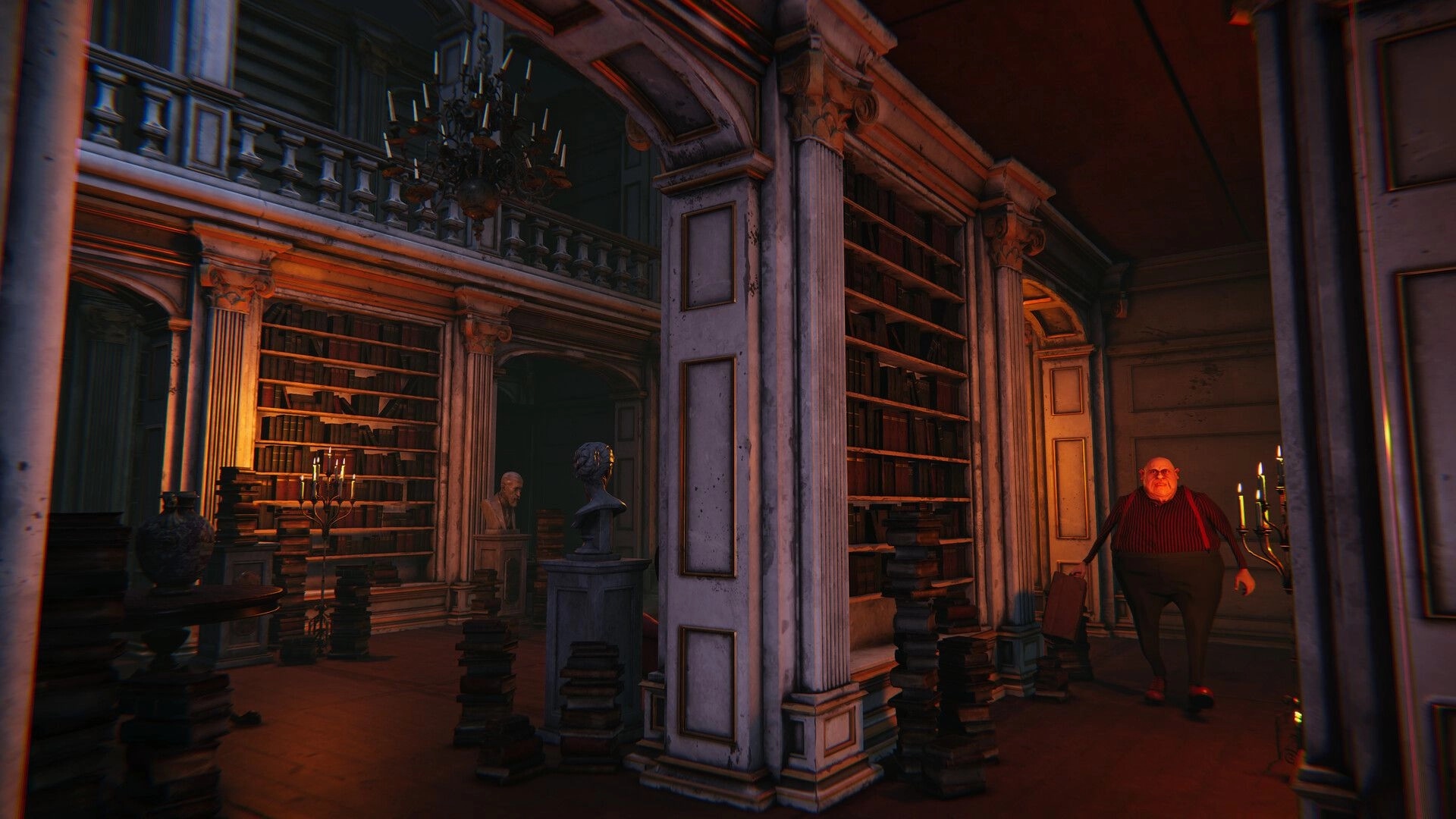Deaduction: Suspicious character with suitcase in dimly lit library filled with towering bookshelves