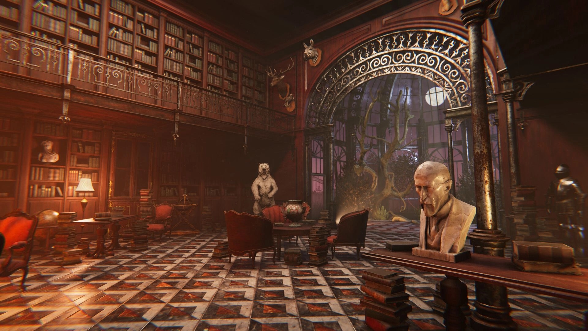 Deaduction: Ornate hotel library with statues, taxidermy bear, and moonlit window in eerie night setting.