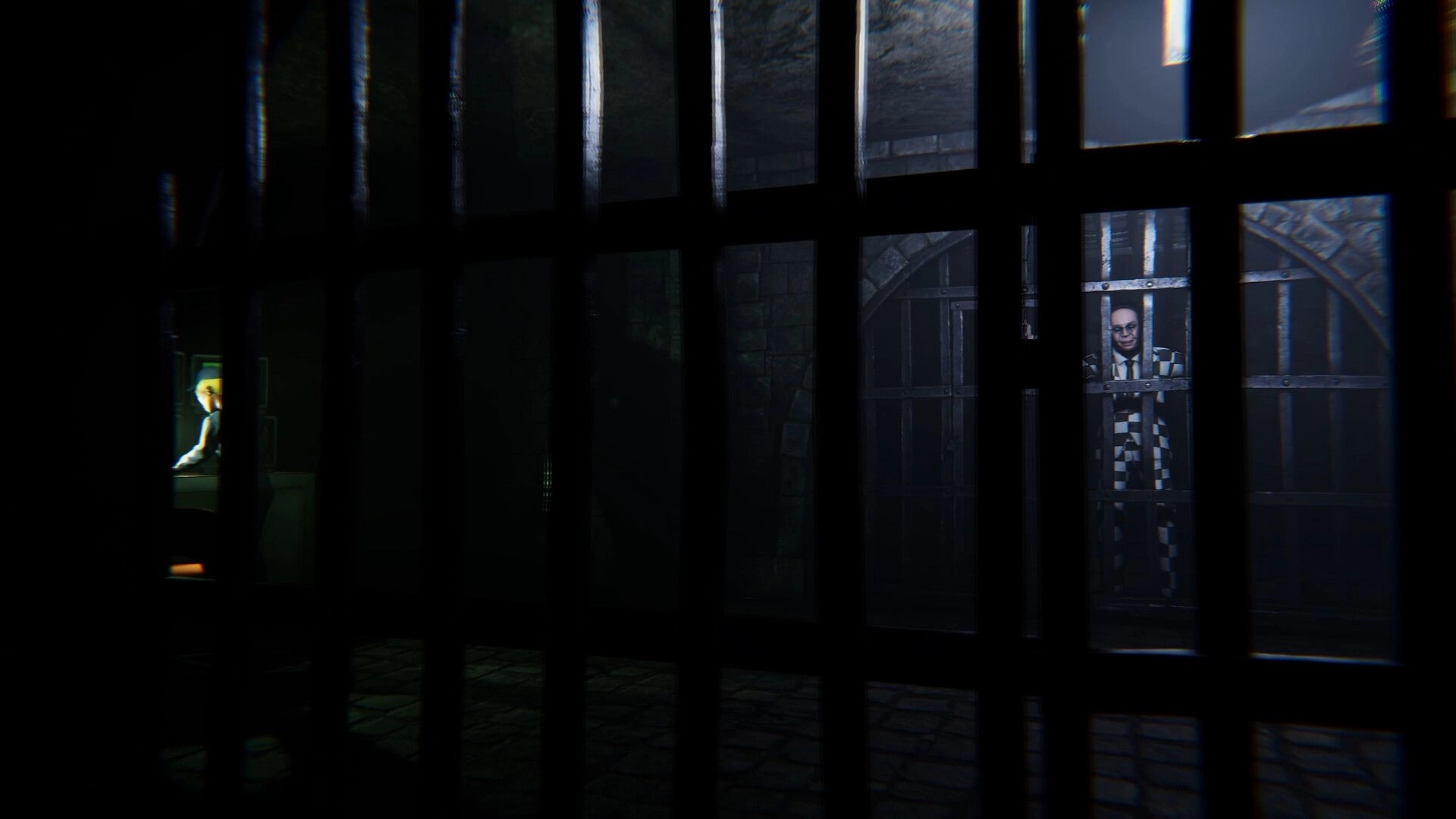 Deaduction: Two characters behind bars in a dimly lit stone dungeon with a mysterious atmosphere