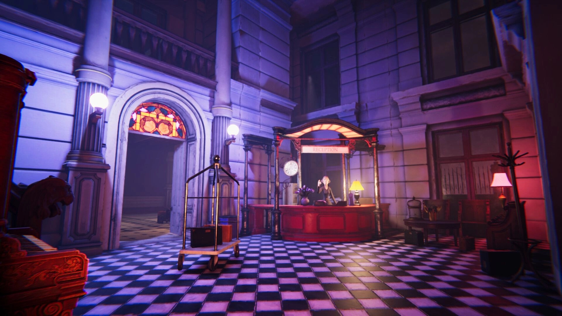 Deaduction: Hotel reception with a bellhop cart, stained glass, and dimly lit checkered floor lobby.