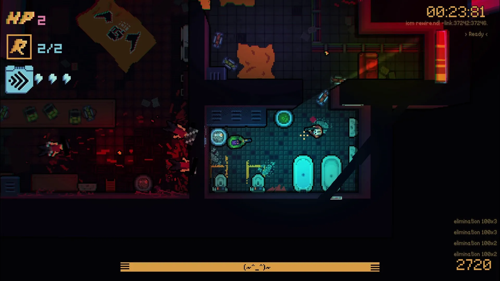 DeadWire: Player in a cyberpunk interior, dodging enemies with visible health and weapon indicators
