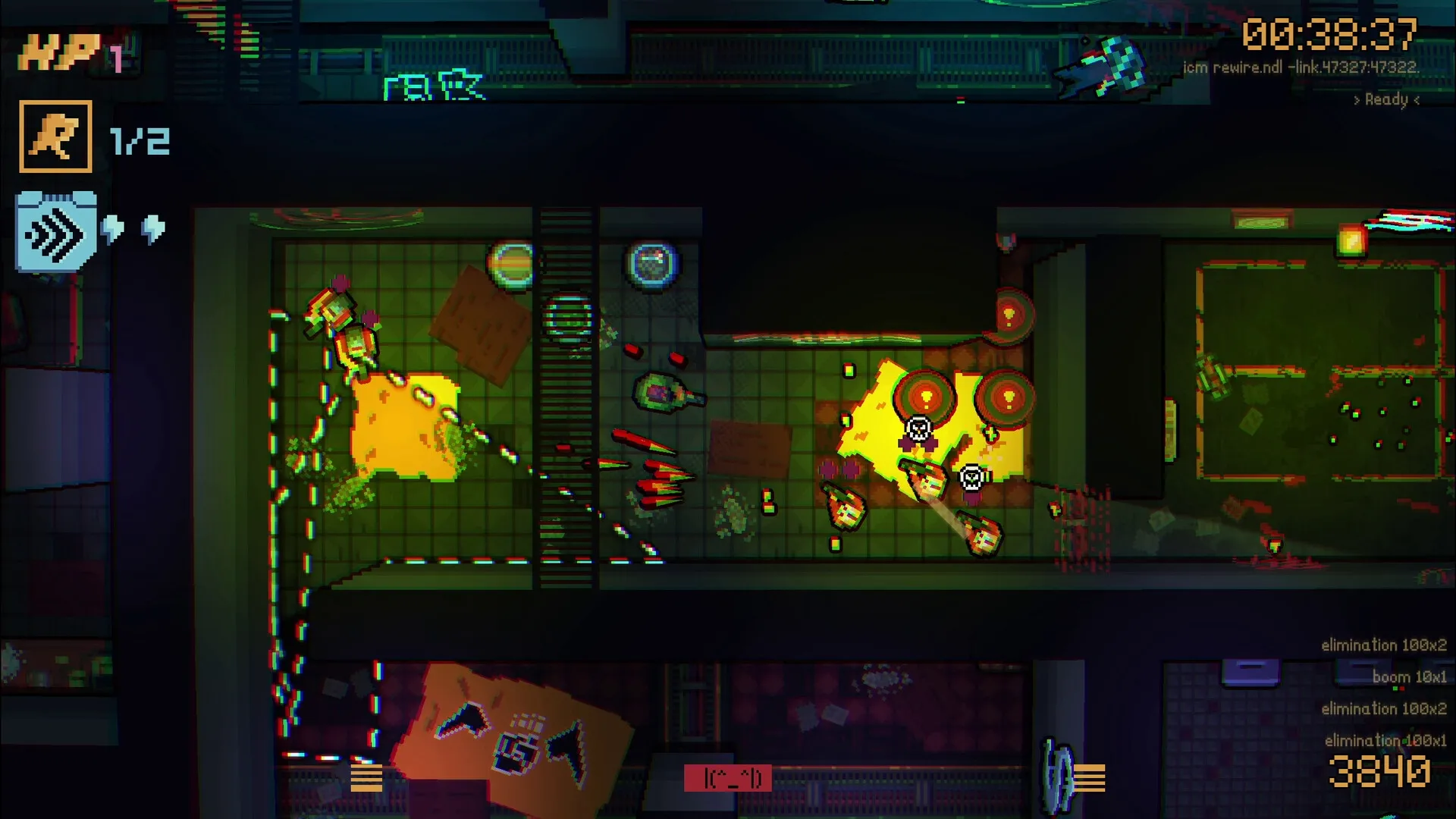 DeadWire: Top-down view of player creating chain reaction explosions in a neon-lit corridor environment