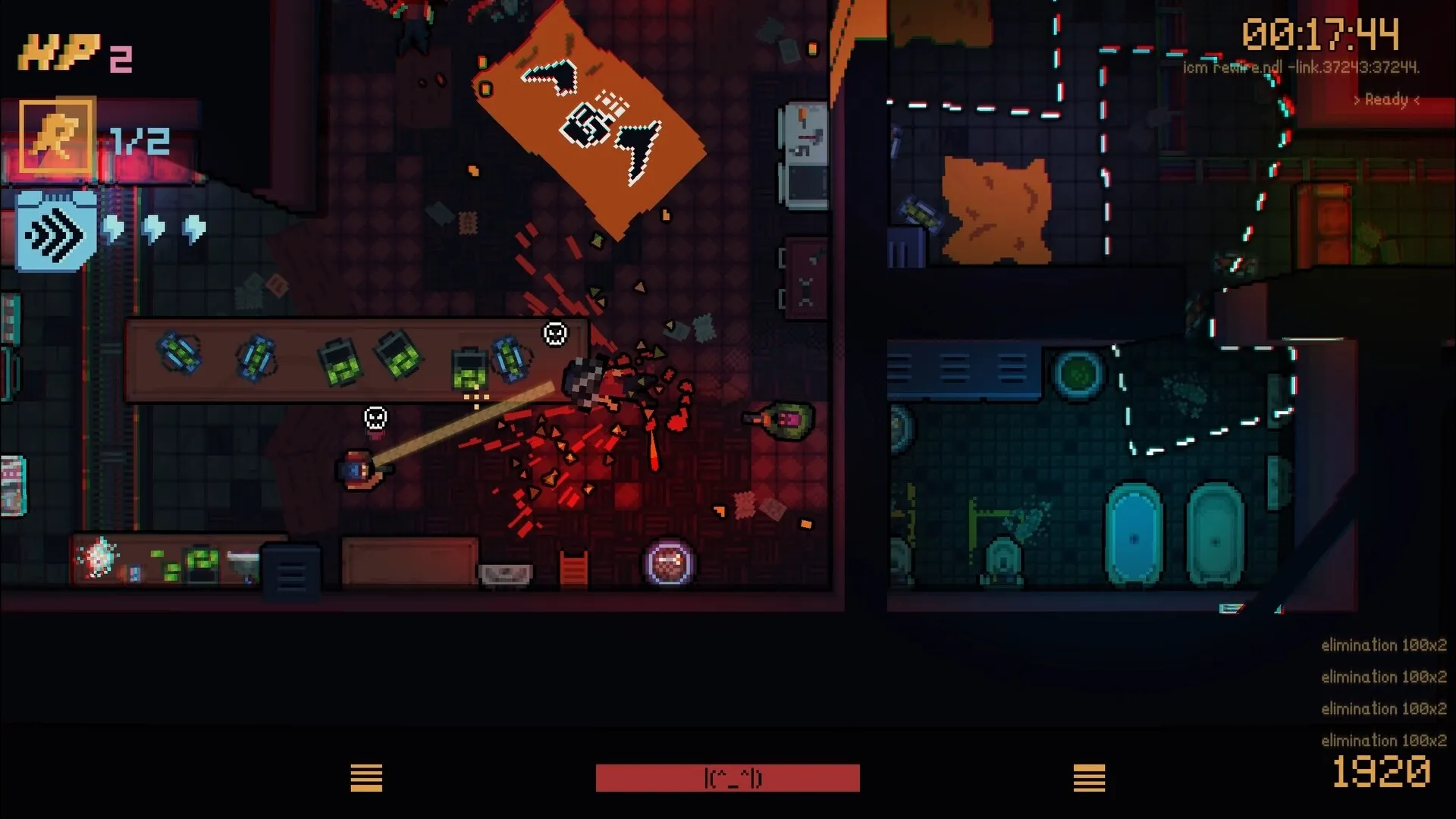 DeadWire: Player attacks enemies in dimly lit room with scattered debris, UI shows health and timer.