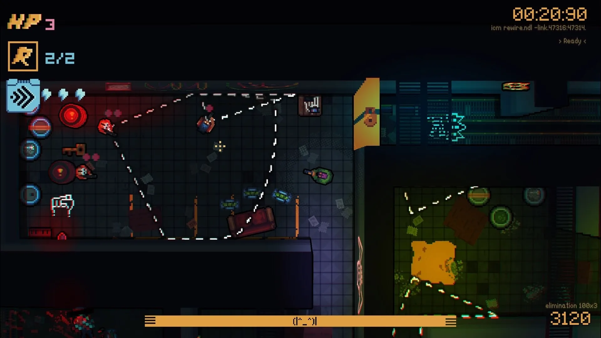 DeadWire: Top-down view of player navigating room with enemies and obstacles in cyberpunk environment