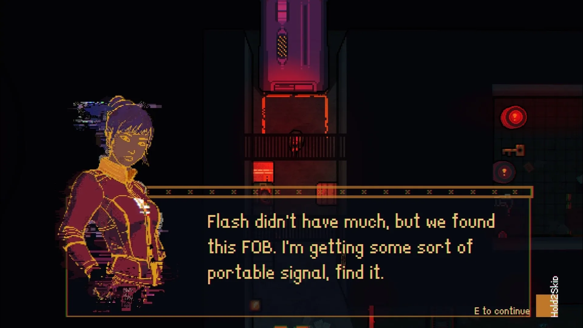 DeadWire: Character dialogue with quest objective in dimly lit industrial corridor setting