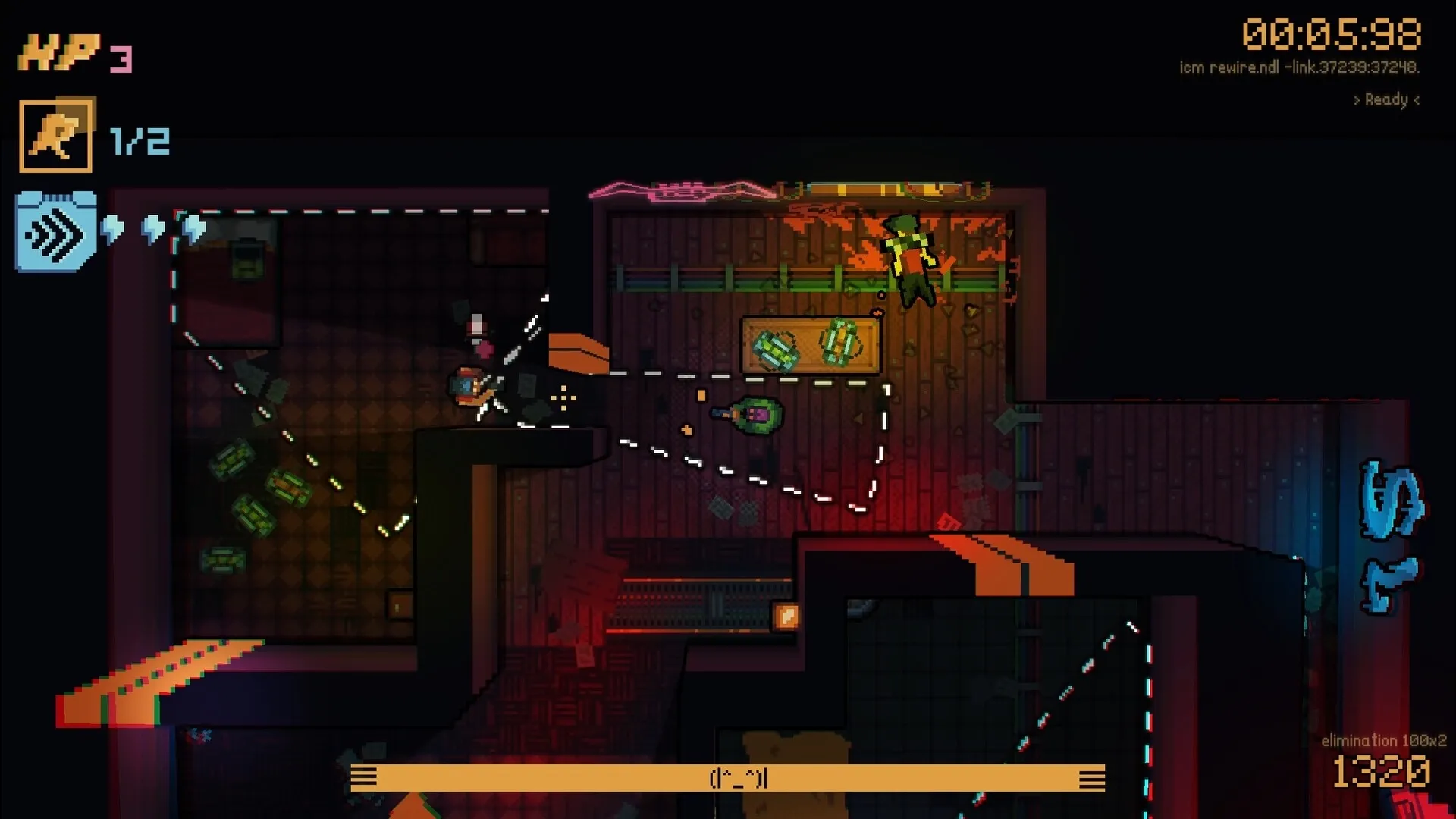 DeadWire: Top-down combat with player dodging bullets in a neon-lit cyberpunk room with scattered debris