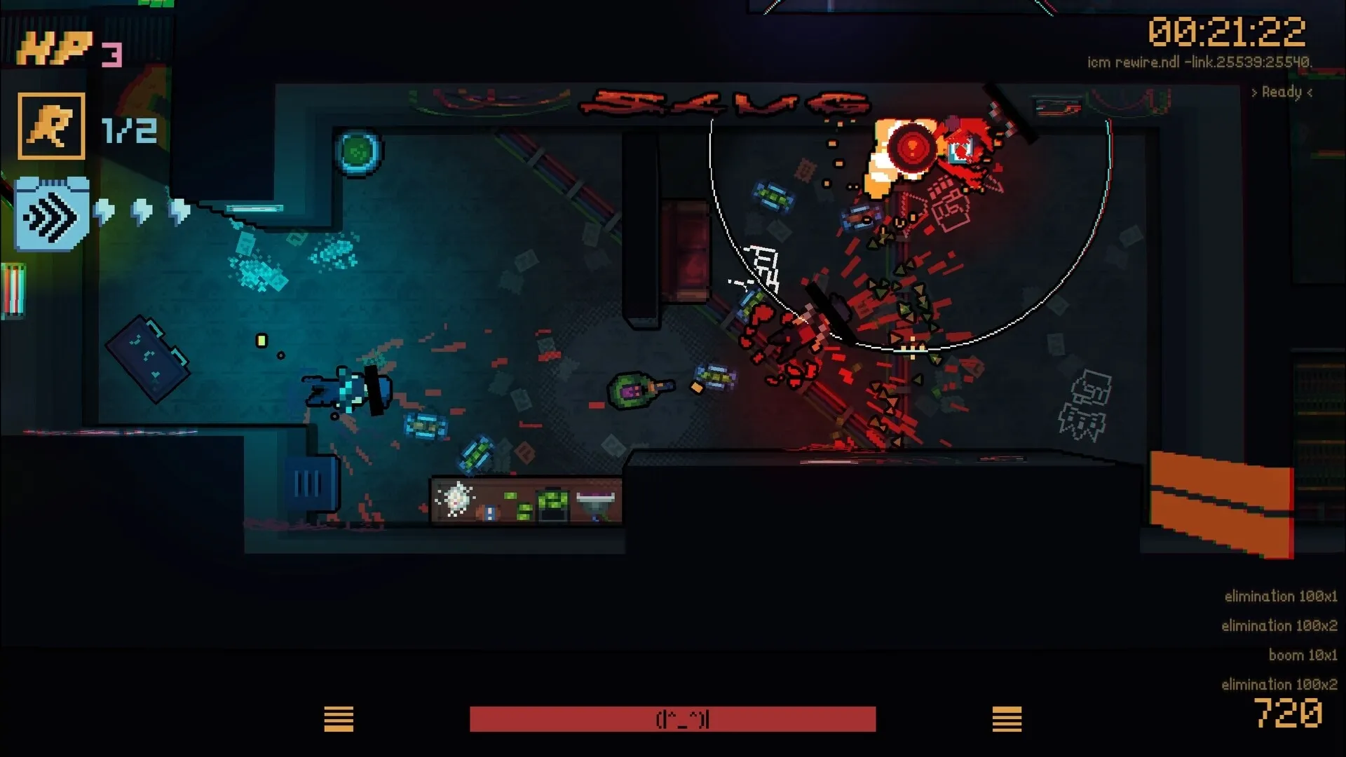 DeadWire: Player creates explosive chain reaction in neon-lit corridor, scoring points against enemies