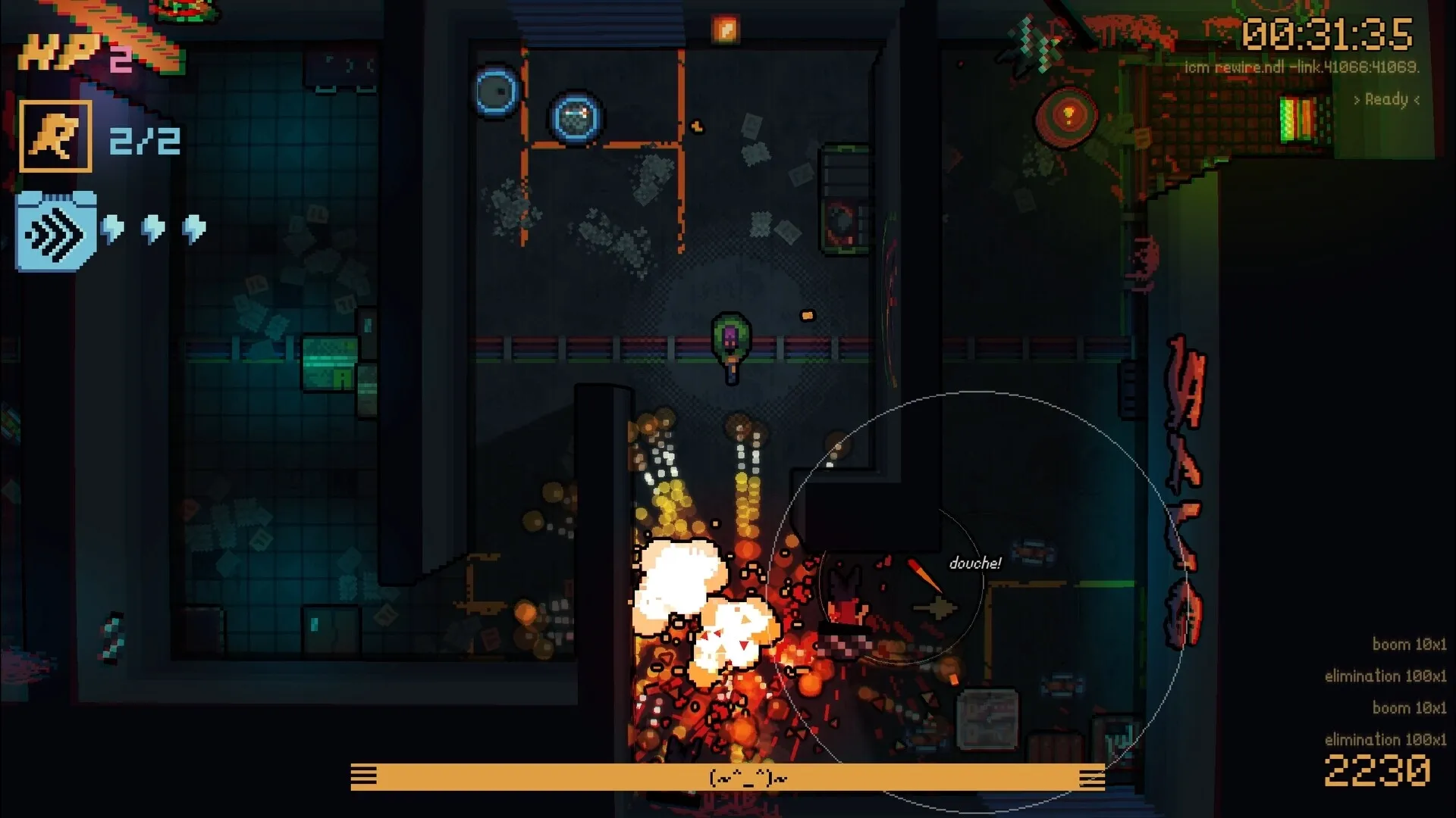 DeadWire: Player creates explosive chain reaction in dark industrial corridor with visible health and ammo UI