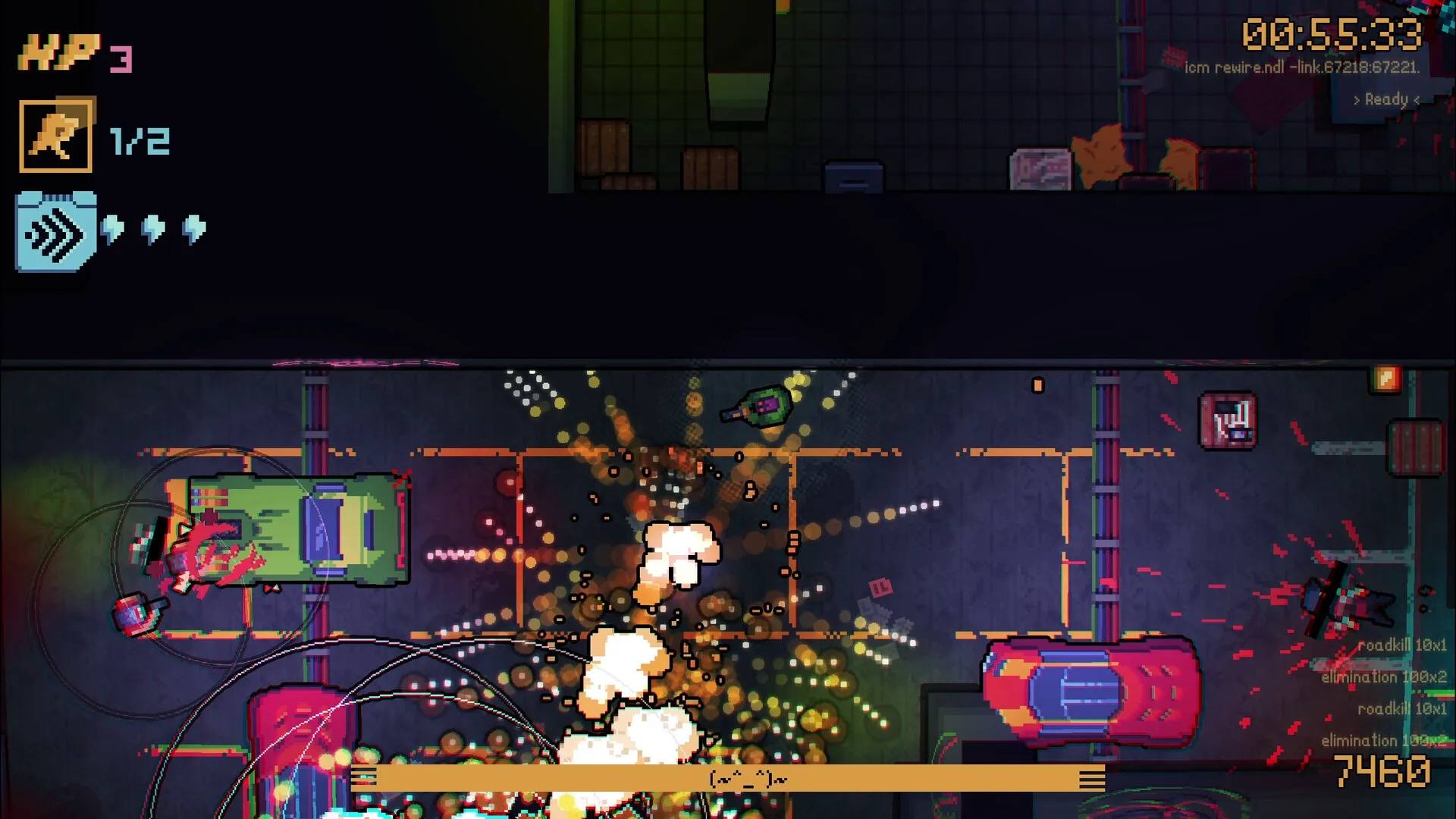 DeadWire: Explosive car combat scene in neon-lit alley with health and ammo UI displayed on screen