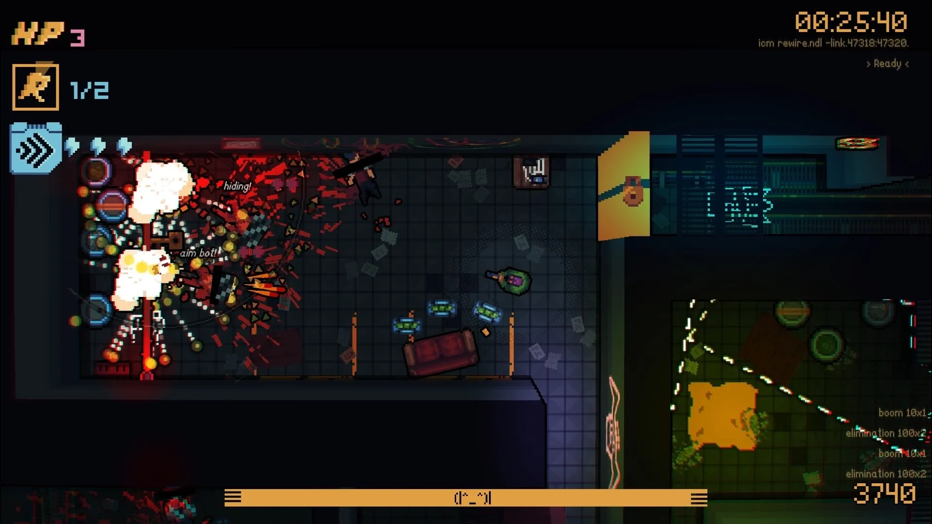 DeadWire: Top-down combat scene with explosions and enemies in a dark, cluttered room environment