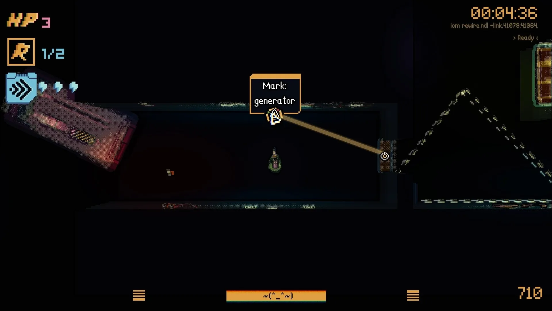 DeadWire: Player marking generator in dimly lit corridor with health and energy indicators displayed