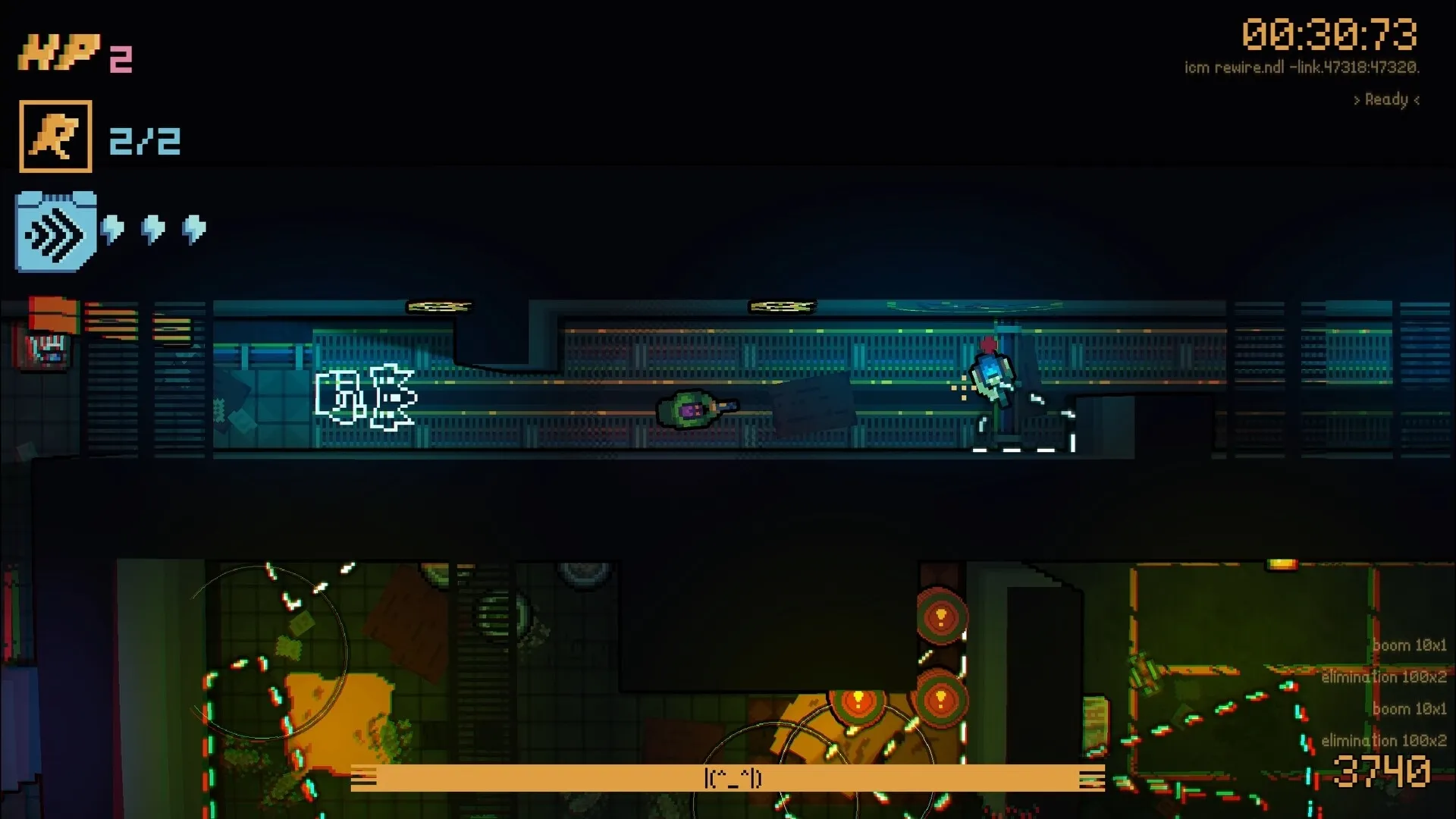DeadWire: Player character running through neon-lit corridor, HUD showing health and energy levels