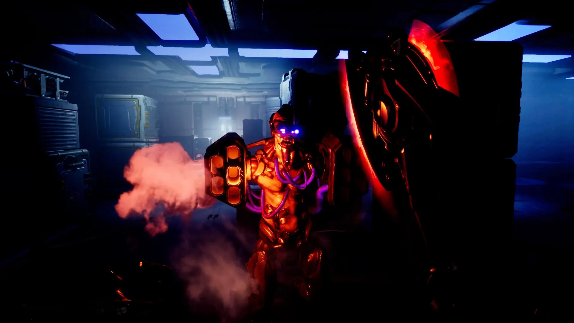 Deadzone: Combat with glowing-eyed enemy in dark, industrial space corridor