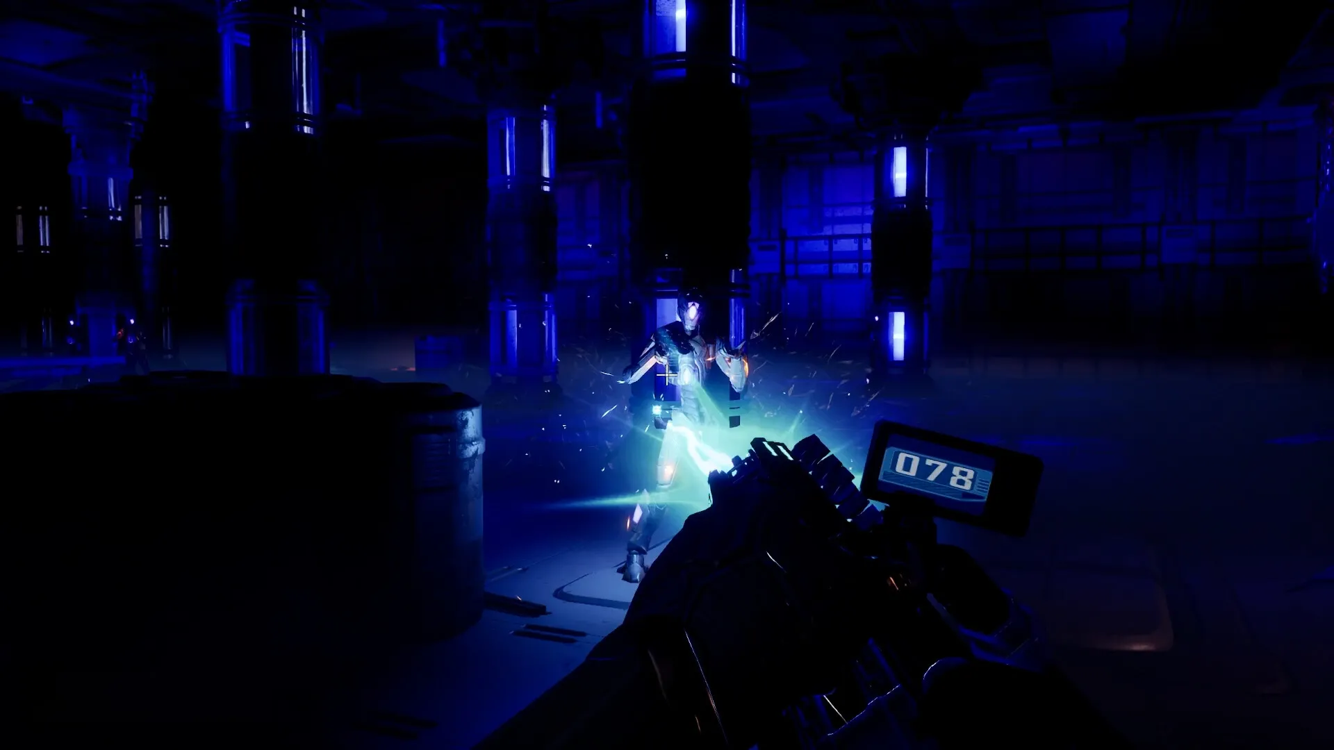 Deadzone: Player aiming weapon at glowing enemy in dark industrial space with blue lighting effects